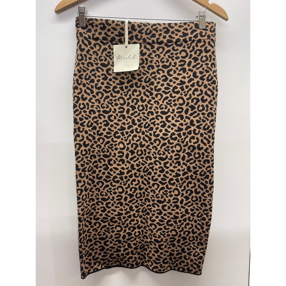 Marled Leopard Print Knit Pencil Skirt Tan Black Animal Print Midi Size M NEW